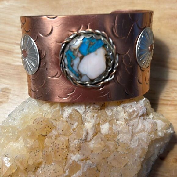 Bracelet, Turquoise & Opal Copper Cuff, NEW, sterling accents, Handmade, Artisan - Picture 4 of 12